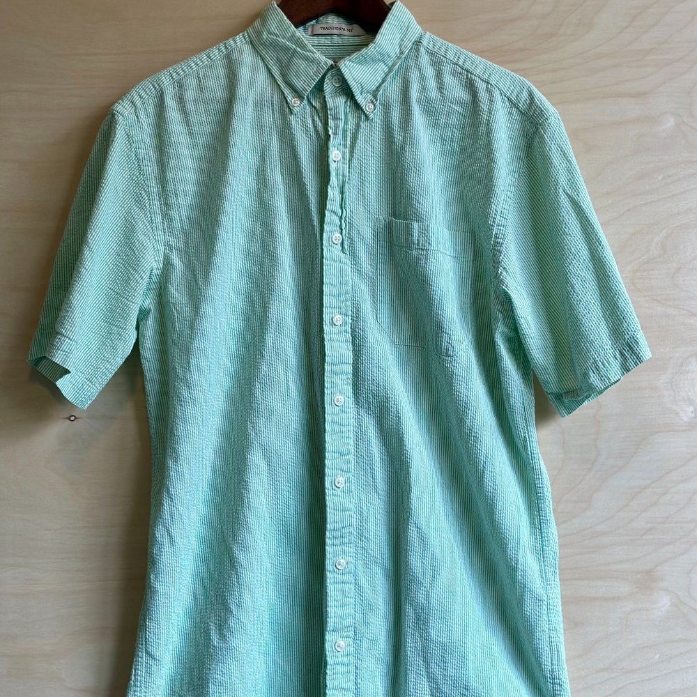 L.L. Bean Green & White Short Sleeve Traditional Fit Button Down Shirt M Tall